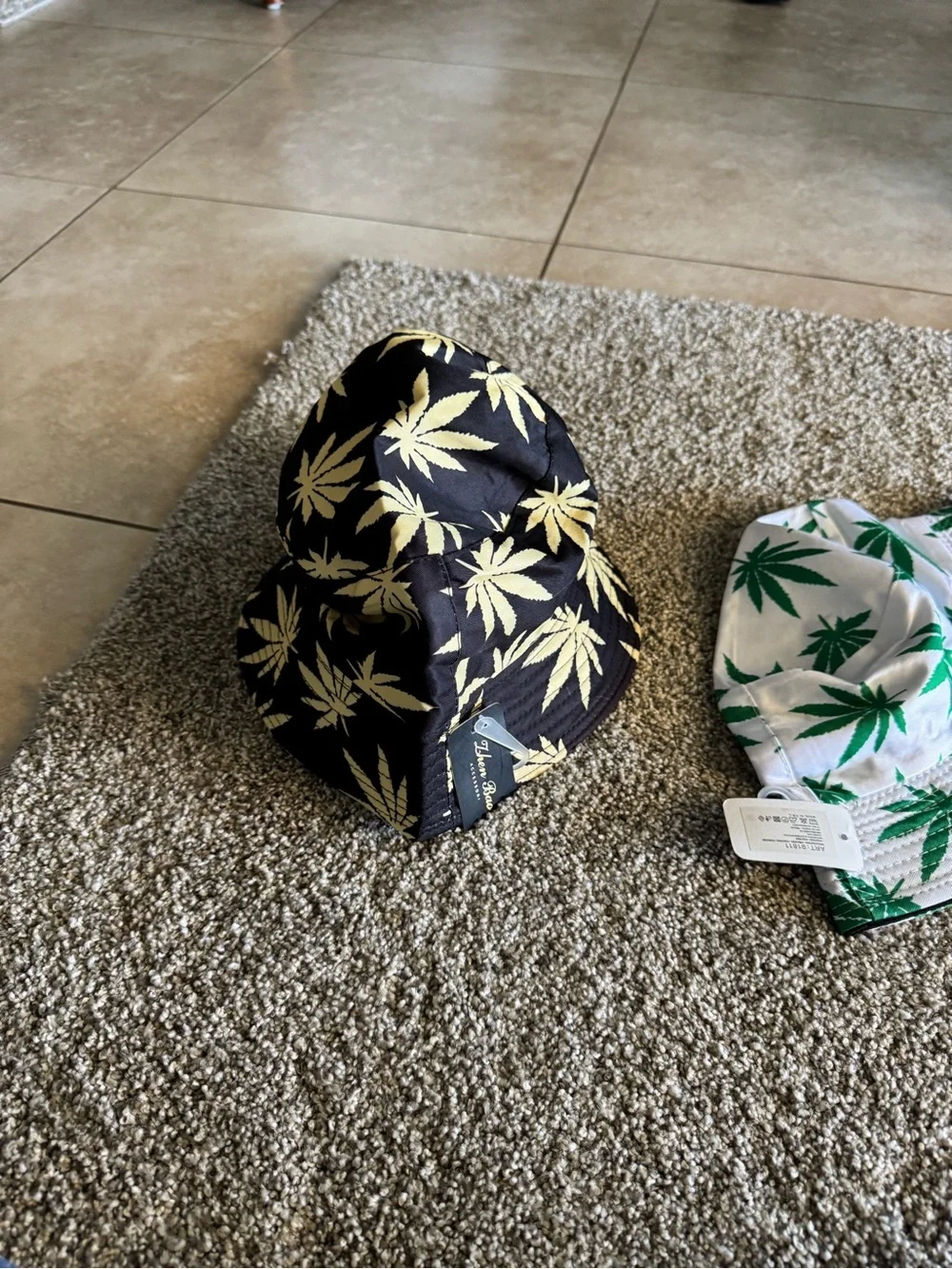 Leaf Print Bucket Hats - Black/Gold & White/Green (2 Pack)